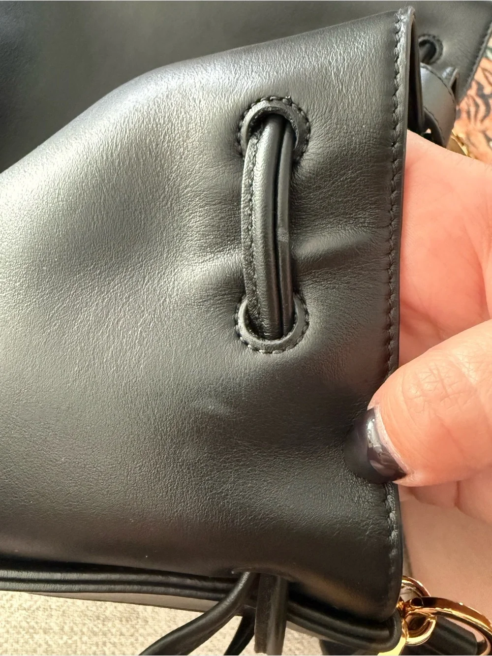 Black Leather Hug Bucket Tote Bag with Gold Hardware